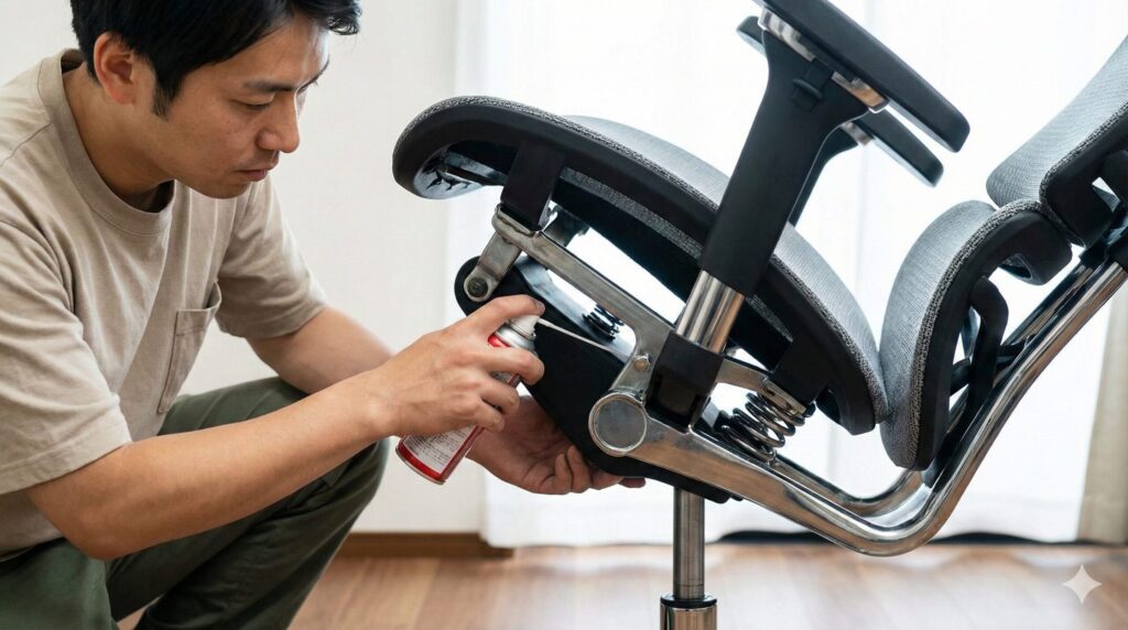 異音を解消するために、椅子のリクライニング機構に潤滑スプレーを塗布する様子。