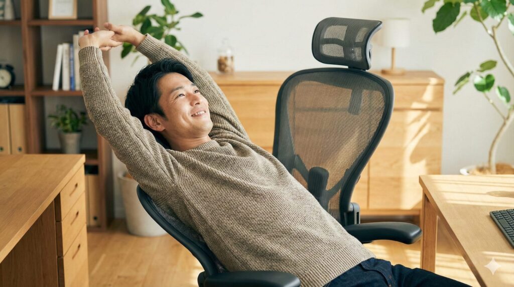 自分のライフスタイルに合ったチェア環境を整え、快適に休憩を取る日本人ユーザー。