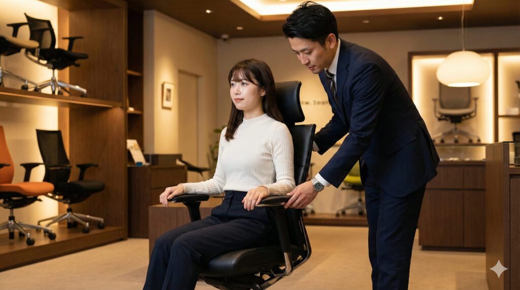 チェアコンシェルジュから正しい座り方とアームレスト調整の指導を受ける様子