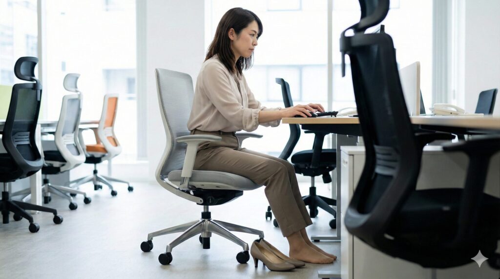 オフィス家具のショールームで、靴を脱ぎ、キーボードを操作する実際の作業姿勢で真剣にオカムラシルフィーを試座している日本人女性の様子。