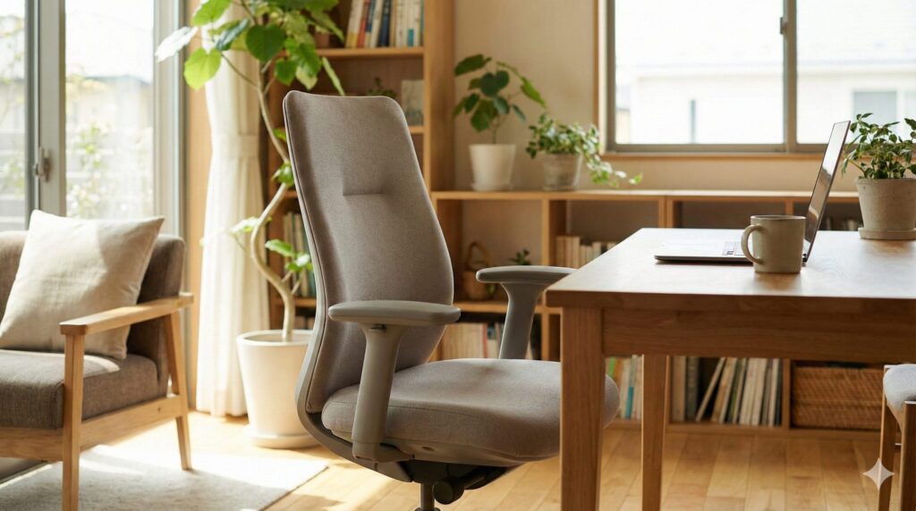 自宅のインテリアに馴染む、コクヨのファブリック素材や温かみのあるデザインのワークチェア。