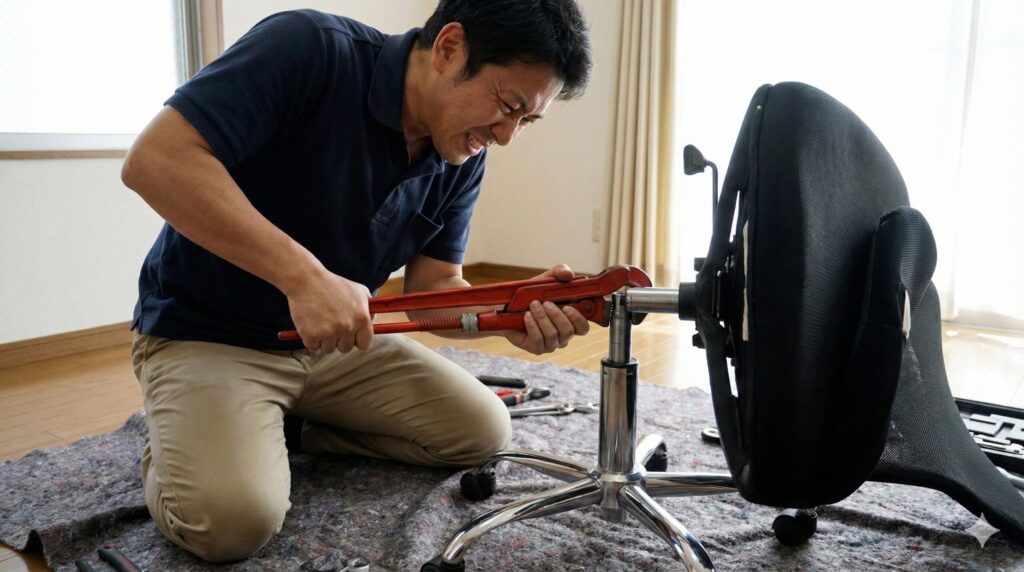 固着したガスシリンダーを外すためにパイプレンチを使用してセイルチェアを修理する様子