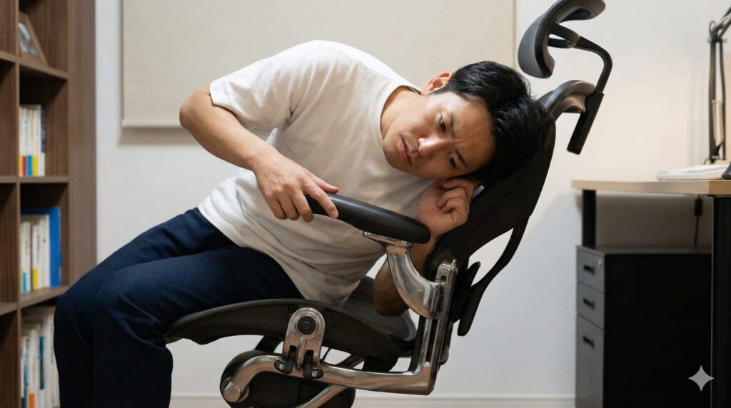 チェアのリクライニング時の異音やアームレストのガタつきをチェックする様子