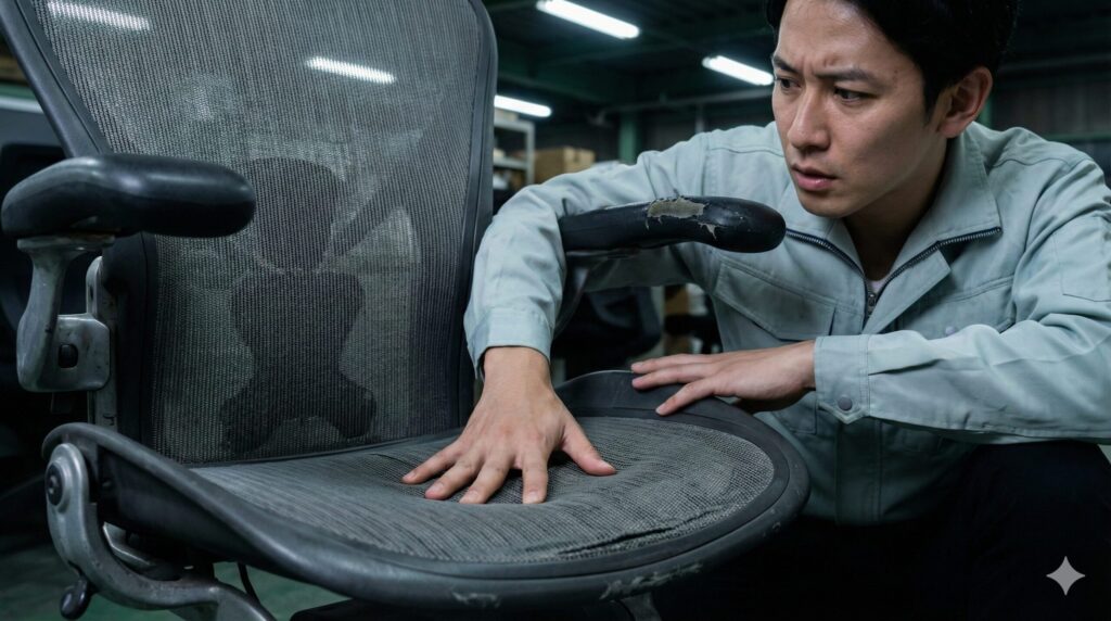 中古オフィスチェアの劣化やメッシュのへたりをチェックする様子。購入時の注意点。