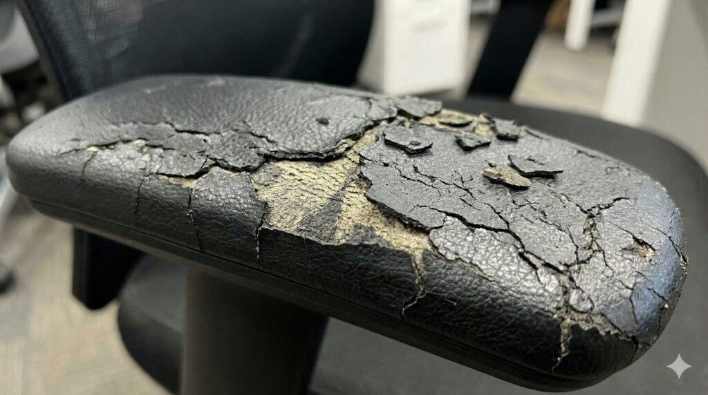 経年劣化（加水分解）により表面がボロボロにひび割れて剥がれた、中古のオカムラシルフィーのアームレストパッドのクローズアップ写真。