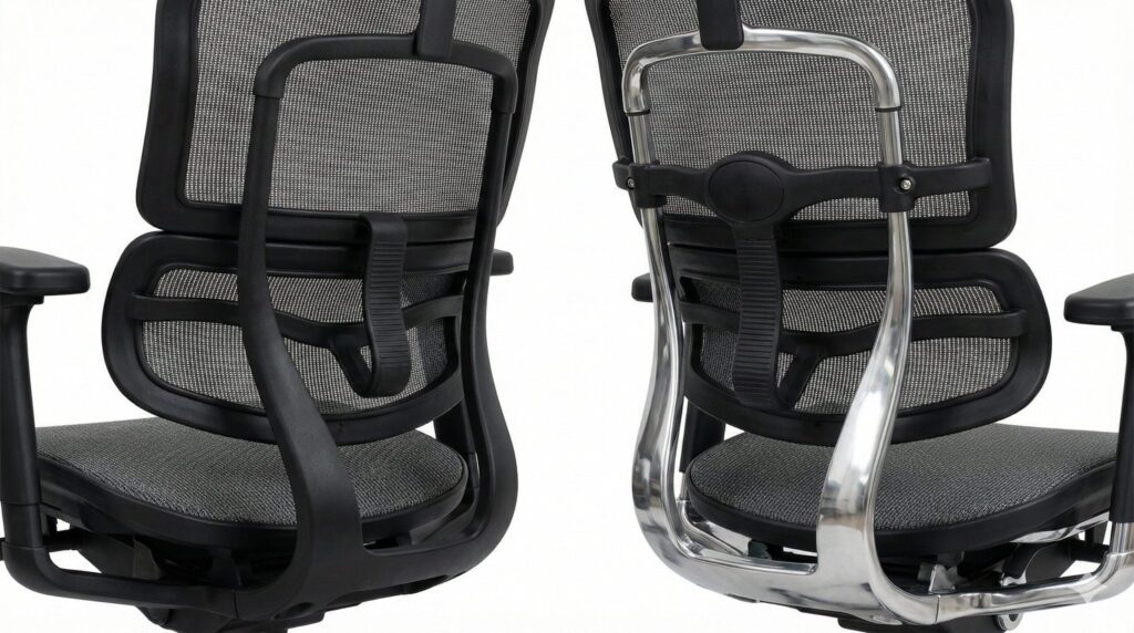 エルゴヒューマン エンジョイ2の樹脂製背面フレーム（左）と、プロ2のアルミダイキャスト製背面フレーム（右）を並べて比較した写真。