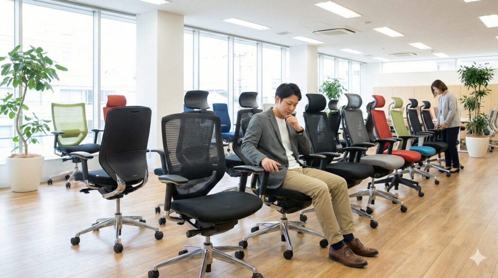 納得のいく一脚を見つけるために、ショールームで実際にオフィスチェアの座り心地を確認する様子。