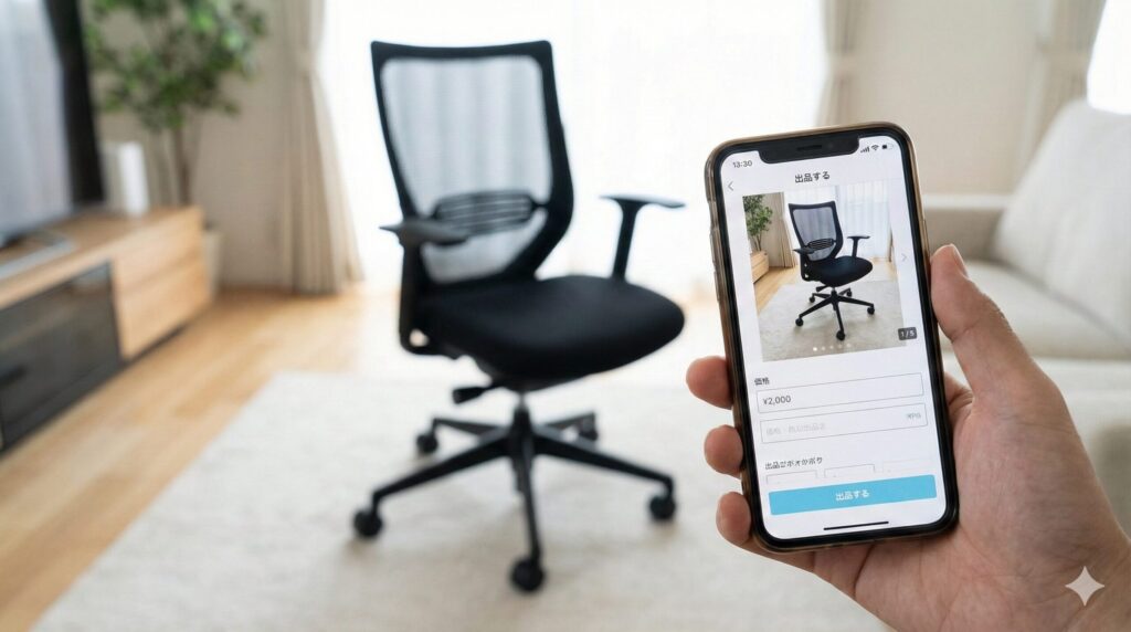 リビングルームに置かれた状態の良いオカムラシルフィーと、それをオンラインのフリマアプリに出品しようとしているスマートフォンを持った日本人の手元の写真。