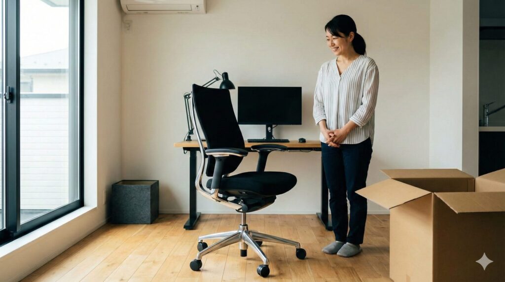寿命を迎えた椅子の買い替えとして、新しく導入された清潔感のあるオフィスチェアと満足げなユーザー。