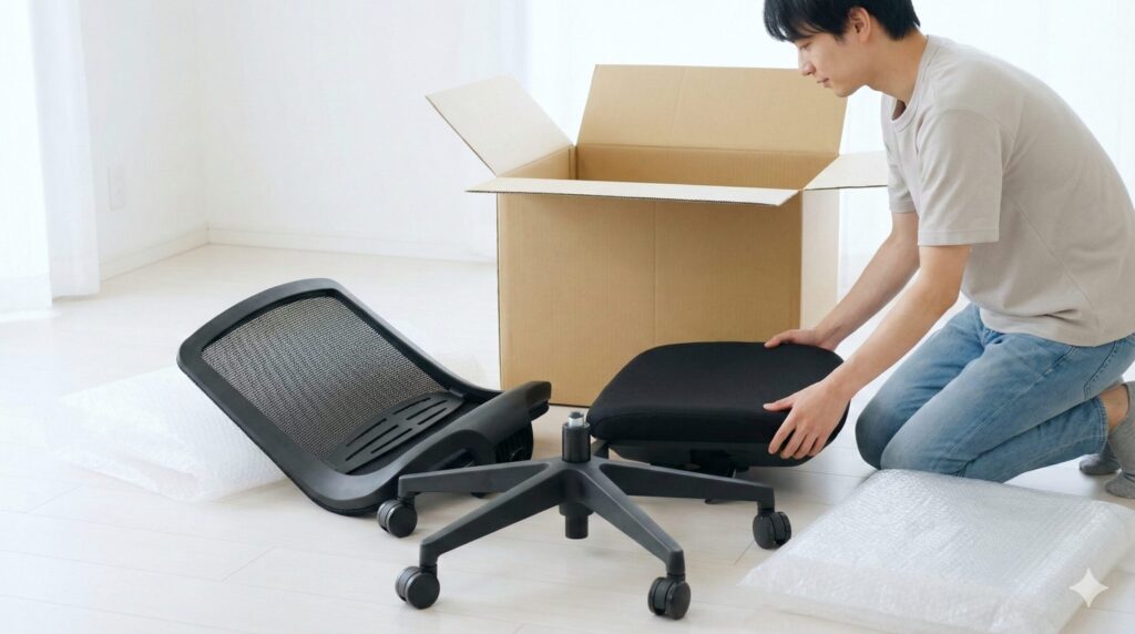 引っ越しや発送のために座面と脚部を分解してコンパクトにまとめたセイルチェア