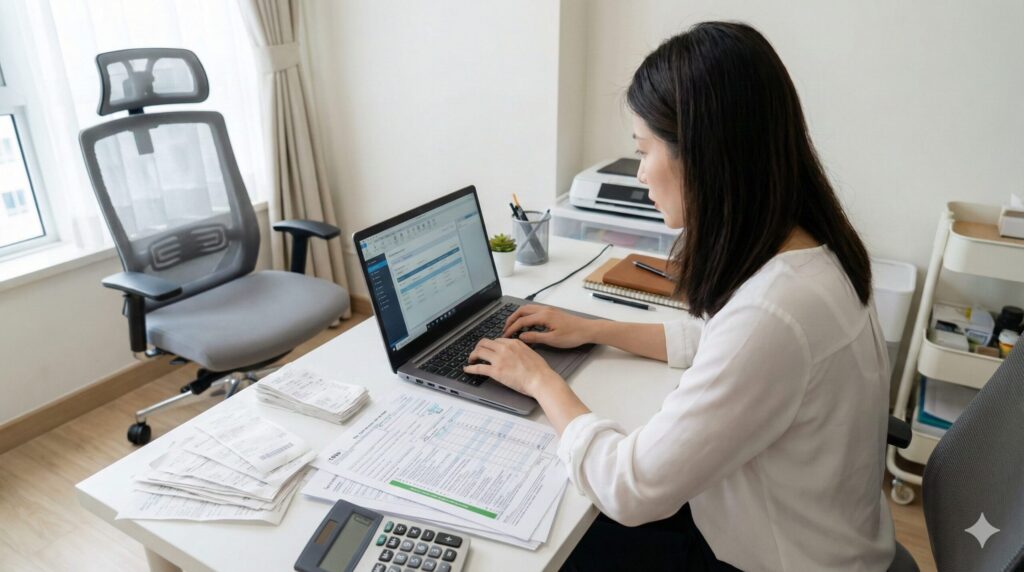 自宅のデスクで会計ソフトを操作し、領収書や税務書類を整理するアジア人フリーランス女性。背景には高機能オフィスチェアが置かれている。