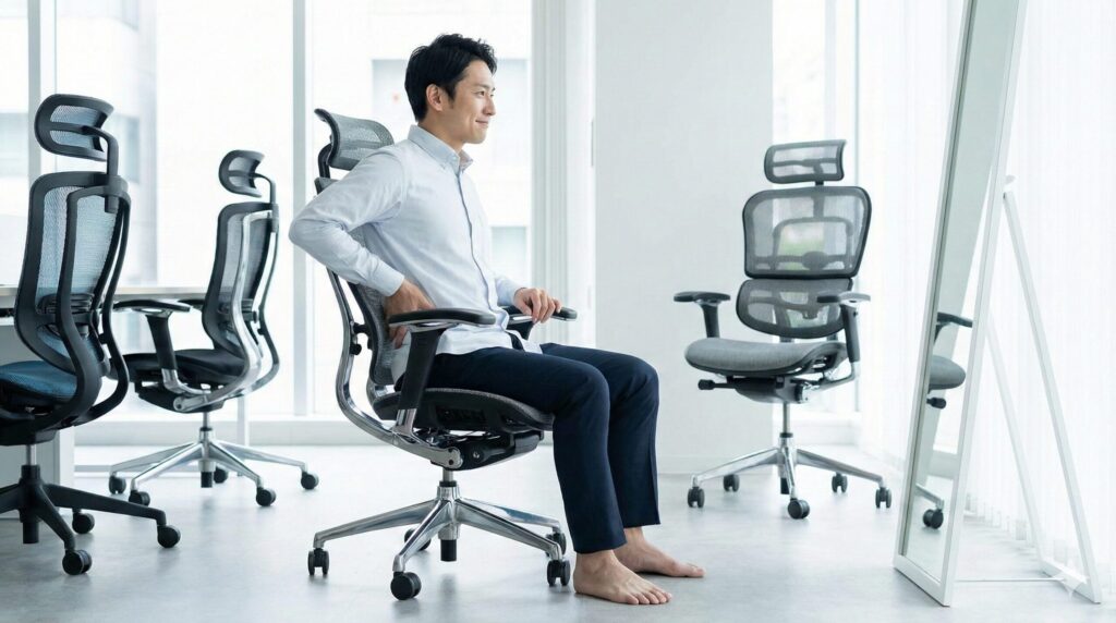 ショールームで靴を脱いでじっくりと試座し、自分に合う設定を確認する日本人男性