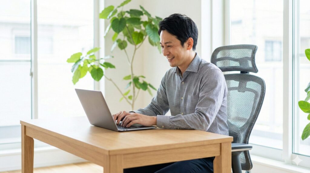 自分に合ったオフィスチェアで快適に仕事をする日本人男性。後悔しない選び方の最終結論。