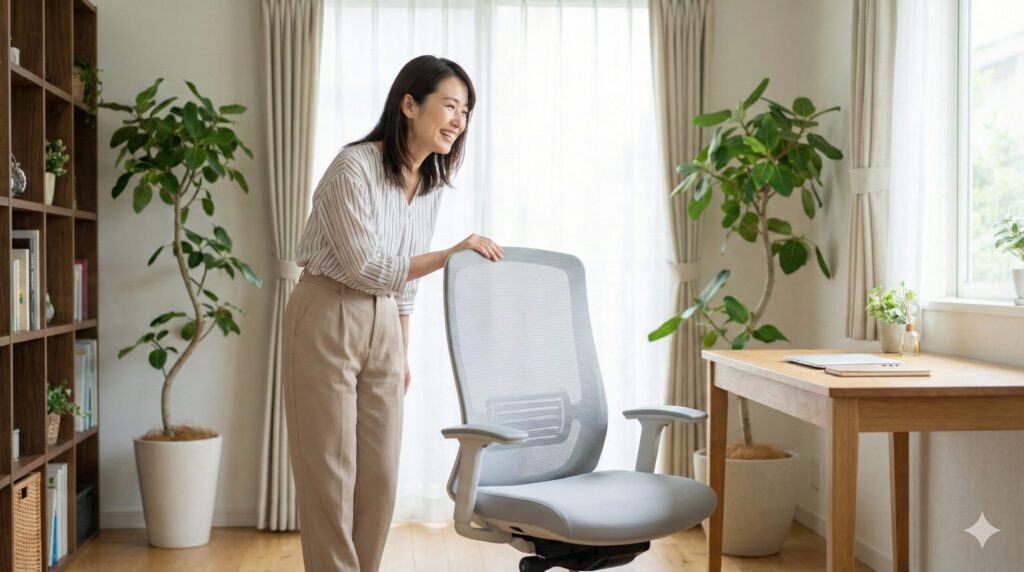 試座を経て自分にぴったりの椅子を選び満足した表情を浮かべる日本人