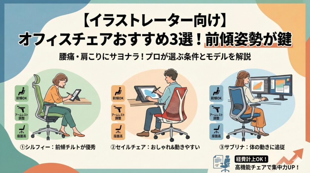 アイキャッチ画像（【イラストレーター向け】オフィスチェアおすすめ3選！前傾姿勢が鍵）