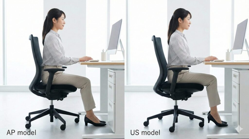 左側はリープチェアAPモデルで小柄な日本人女性の足が床にしっかりとついている様子、右側はUSモデルで同じ女性の踵が浮いてしまっている様子の比較写真。座面高さの違いを視覚的に示している。