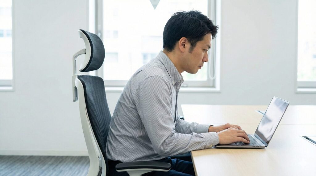 オカムラシルフィーの前傾チルト機能を使って集中してPC作業を行う日本人男性の横顔。背中が背もたれから離れ、頭とヘッドレストの間に明確な隙間ができている様子。