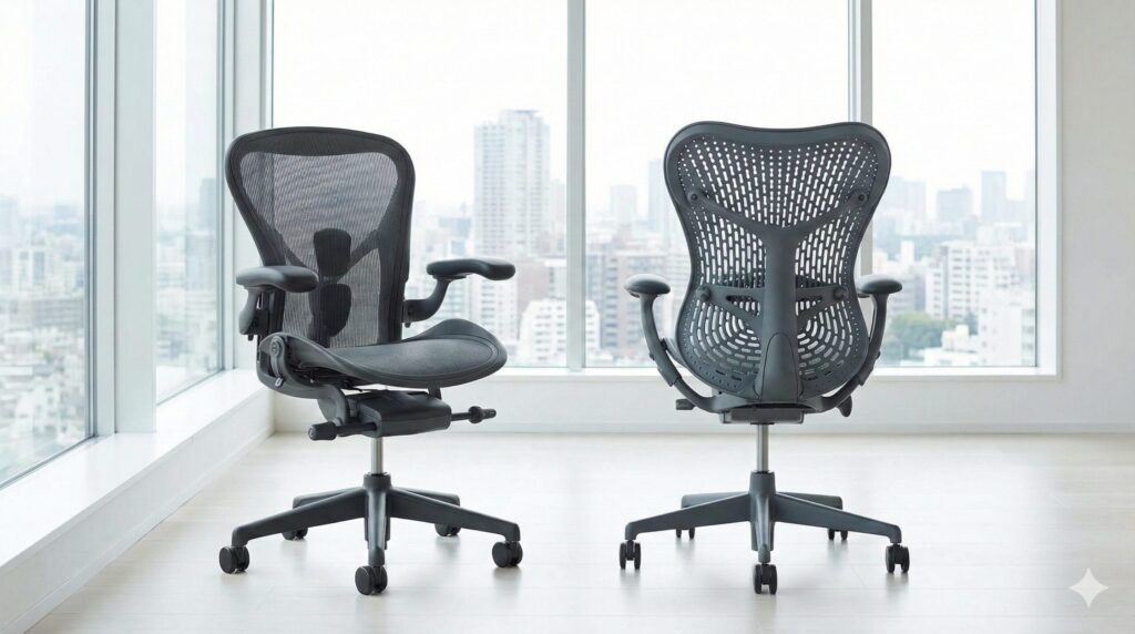 明るいオフィス窓際に並べられたハーマンミラーのアーロンチェア(左)とミラ2チェア(右)の比較写真。