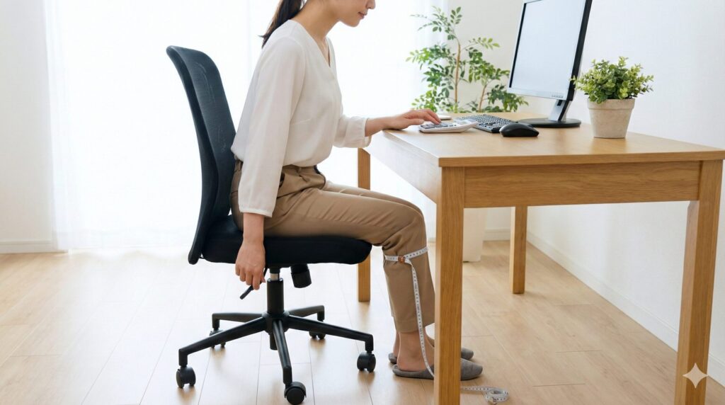  日本人女性がメジャーで自分の膝下高さを測り、電卓で「身長×0.25」を計算しながら、オフィスチェアの座面高さを調整している様子。足裏が床にぴったりとつき、太ももが床と平行になっている理想的な座り姿勢が示されている。