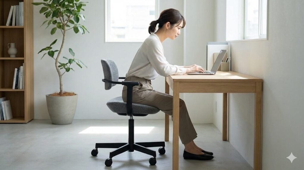  前傾姿勢に合わせて座面が傾斜し、太ももへの圧迫を軽減しながら集中して作業する様子。

