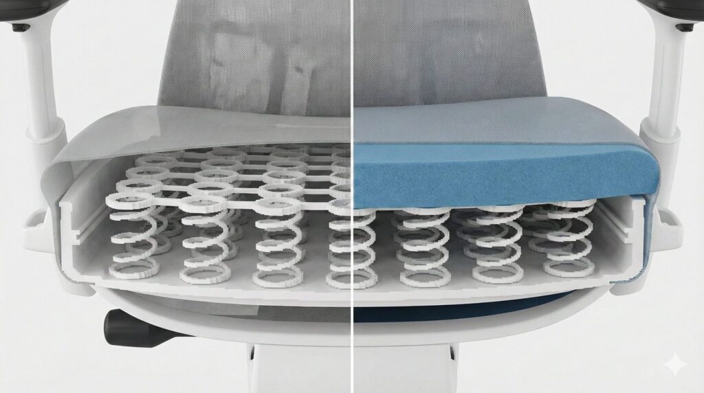 エンボディチェアのスタンダードモデル（左）とゲーミングモデル（右）の座面内部構造の比較図。ゲーミングモデルにはピクセル構造の上に追加の青いクッションフォーム層が確認できる。
