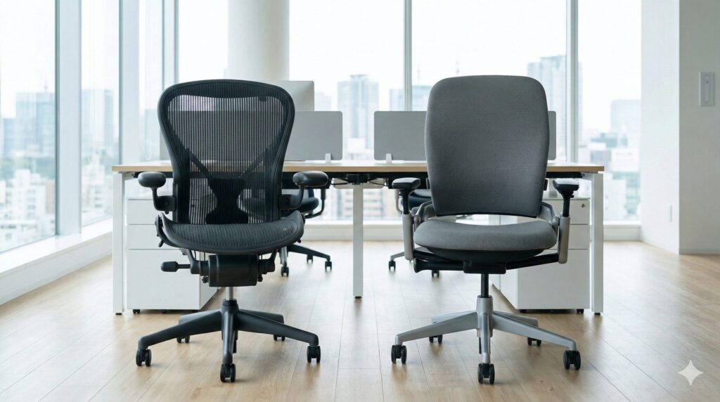 モダンなオフィスに並ぶ、メッシュ素材と布張りの2種類の高級高機能オフィスチェアの比較。