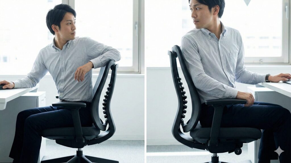 オフィスで体をひねる日本人男性の動きに合わせて、イトーキアクトチェアの背もたれ（ピボット構造）が柔軟にしなり、背中をサポートし続けている様子。