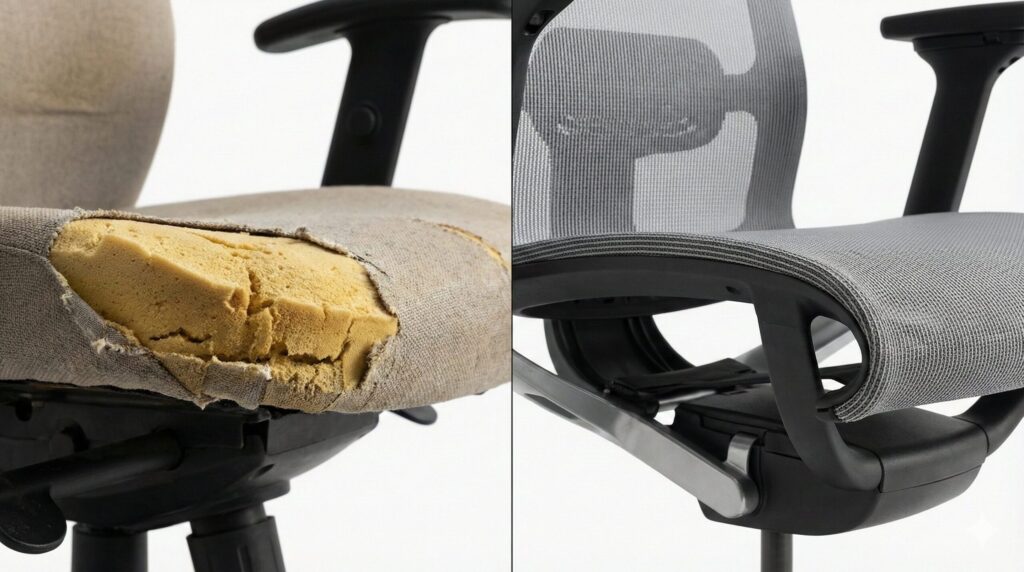 - ミラチェアの座面先端ウレタン劣化とミラ2チェアの改良されたメッシュ折り返し構造の比較