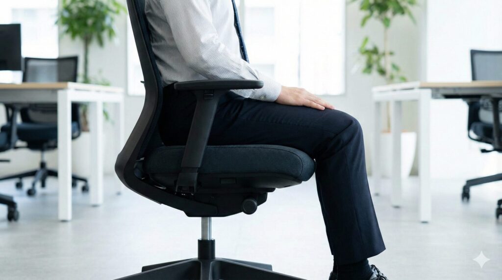 コクヨベゼルの前傾機能「オープンポジション」を使用し、座面の前縁が下がって太もも裏の圧迫が軽減されている様子。