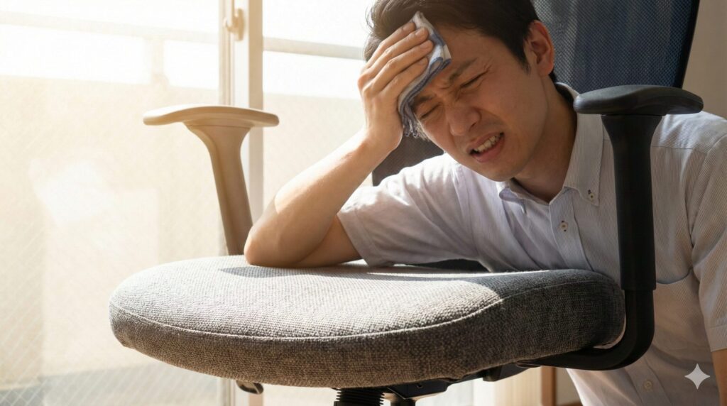 ファブリック素材のチェアに座り、額の汗を拭う日本人男性。夏の暑さと座面の通気性の悪さによる蒸れや不快感を視覚化。