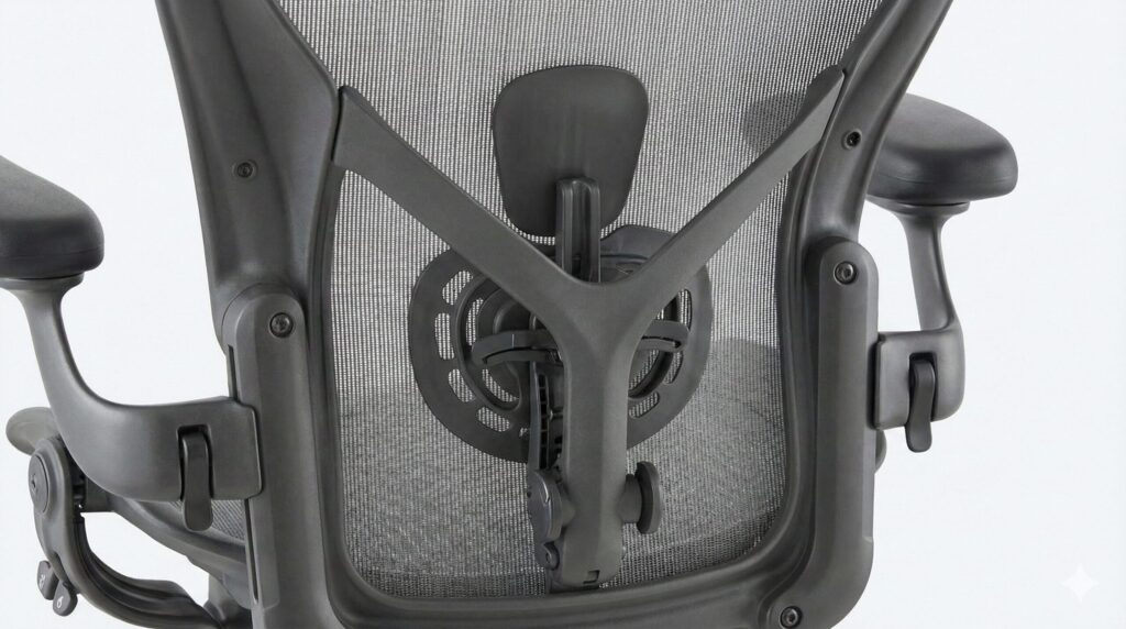 高機能オフィスチェアの背面クローズアップ。メッシュ素材を通して、腰を支えるための調整可能なランバーサポート機構の構造が見える。