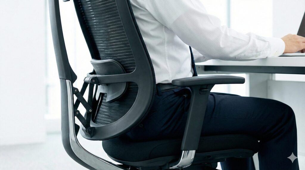 イトーキ スピーナチェアのアクティブランバーサポートが、着席者の腰を支えるために前方にせり出している様子のクローズアップ写真。