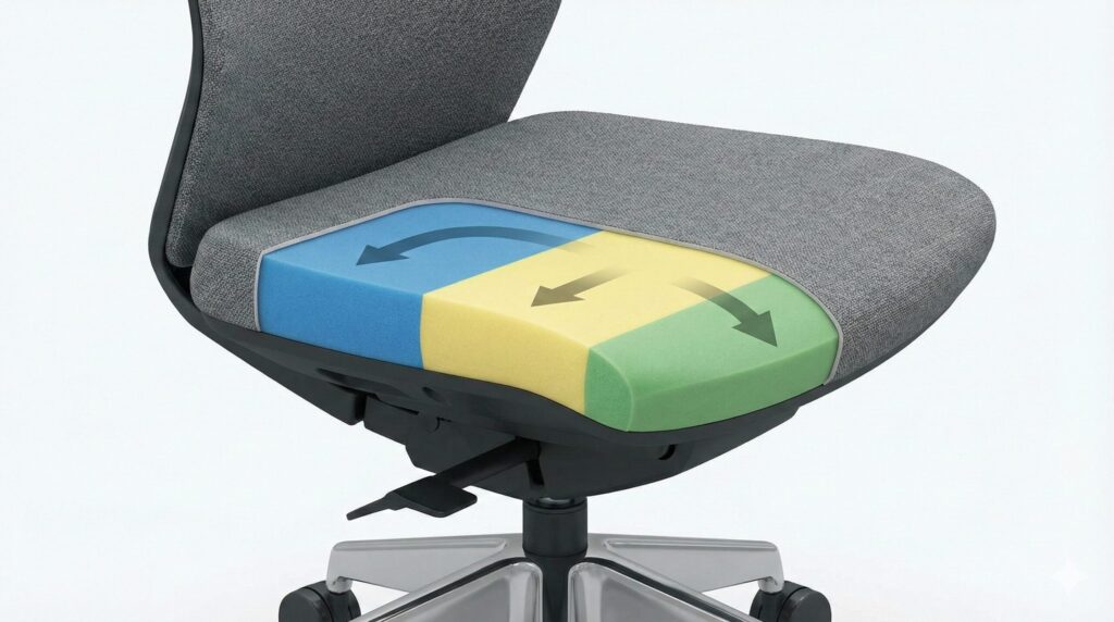 オカムラフィノラのクッション座面内部の構造を示す断面図。場所によって硬さが異なる「異硬度クッション」が色分けで視覚化されており、体圧分散の仕組みが分かる。