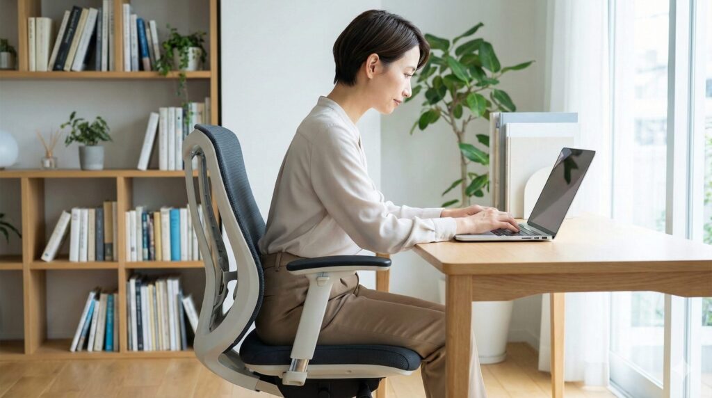 オカムラ シルフィーの前傾機能を使ってノートPCで集中作業をする日本人女性。背もたれが前傾姿勢の背中をサポートし、正しい姿勢が保たれている。
