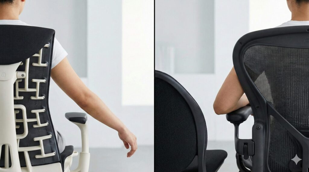 エンボディチェアとアーロンチェアの背もたれ比較写真。左側のエンボディはフレームレスで腕の動きを妨げず、右側のアーロンは硬いフレームが肩周りの動きを制限する様子が写っている。