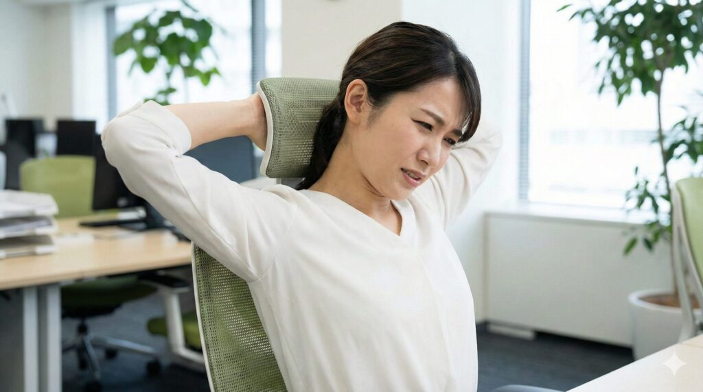 オカムラシルフィーに座って大きく背伸びをした際、首を後ろに反らそうとしてヘッドレストの硬いフレーム部分が首の付け根に当たり、窮屈そうな表情を浮かべる日本人女性。
