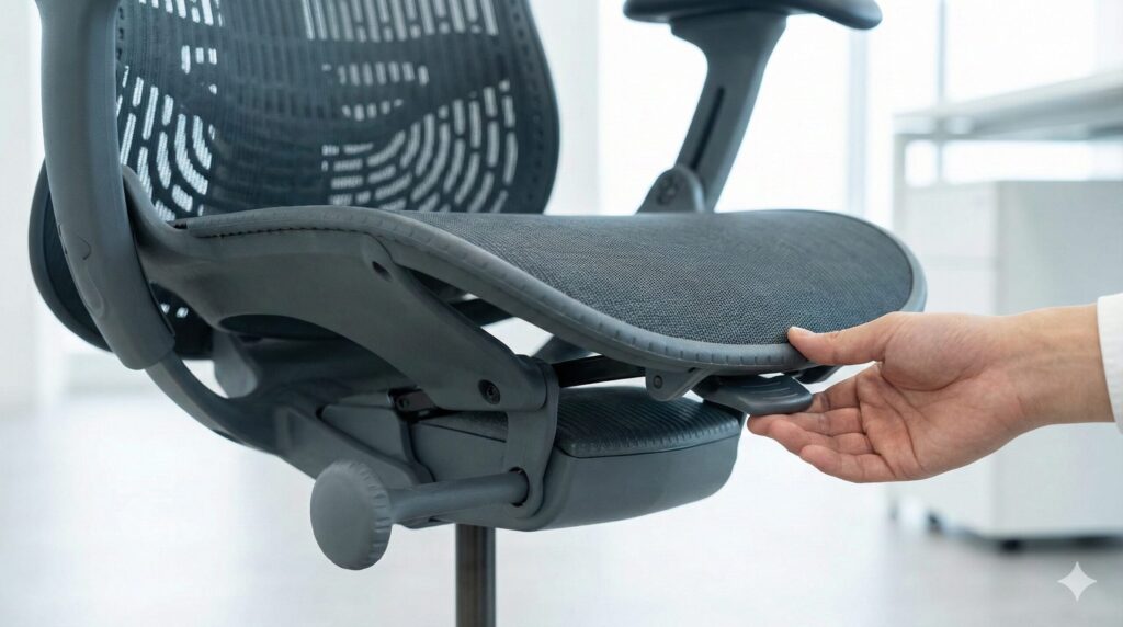 ミラ2チェアの座面先端にあるフレックスフロントのレバーを操作し、座面の奥行きを調整している様子。