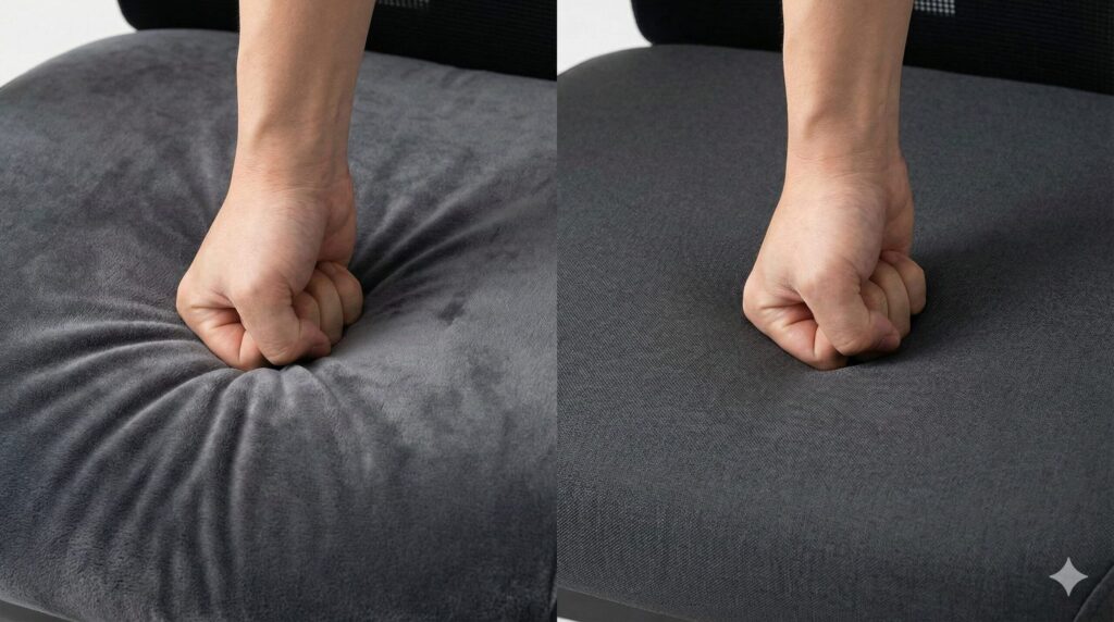 左側の写真では拳が深く沈み込んでおり柔らかい座面クッション(USモデル想定)を、右側の写真では拳があまり沈まず反発している硬めの座面クッション(APモデル想定)を示した比較画像。