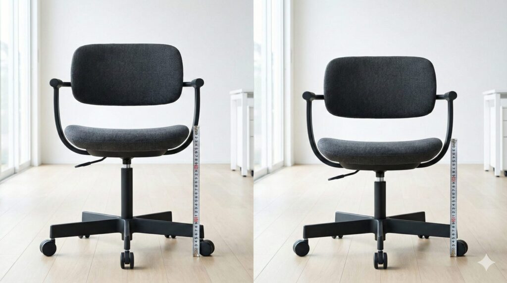 バーテブラ03の標準5本脚モデルとショートポールモデルを並べて比較した写真。メジャーが添えられ、標準モデルの座面がショートポールモデルよりも明らかに高い位置にあることが視覚的に示されている。