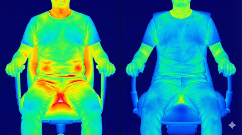 一般的なオフィスチェア（左）とゲーミングエンボディチェア（右）に着座した際の熱分布を示すサーモグラフィー比較。ゲーミングモデルは銅入りフォームにより熱が座面全体に拡散し、温度上昇が抑えられている様子がわかる。