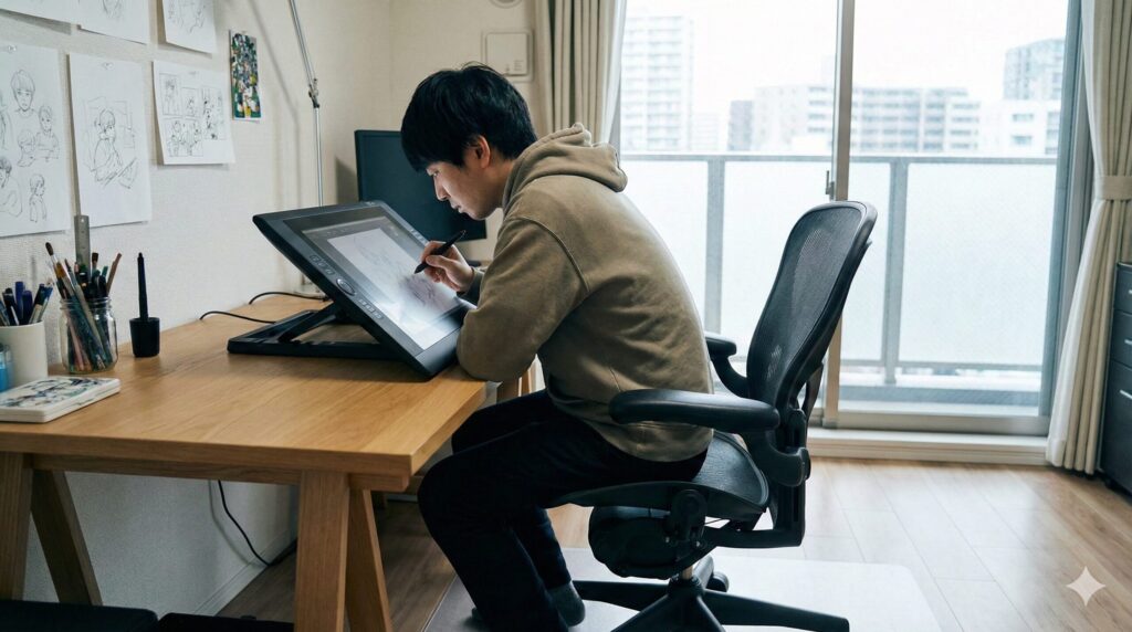 アーロンチェアの前傾チルト機能を活用し、ペンタブレットで作業に集中する日本人クリエイター。