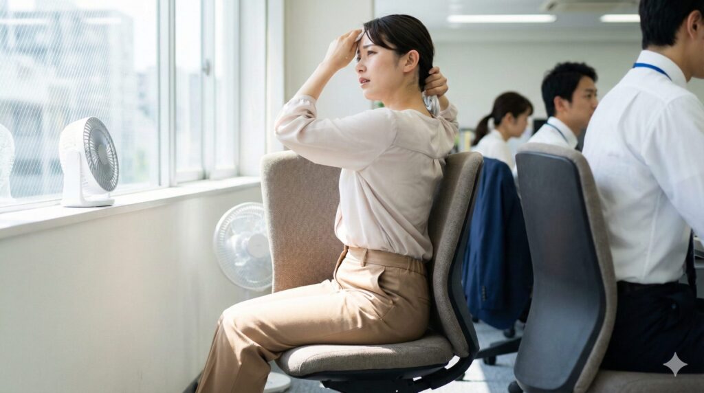 夏場のオフィスでウレタン座面の蒸れを感じて背中を気にする日本人女性