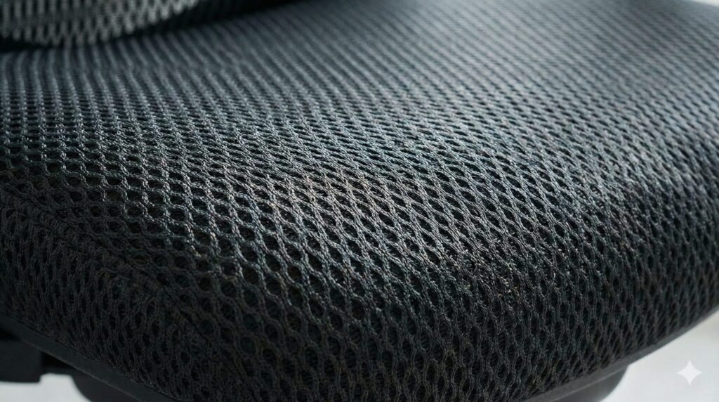 イトーキアクトチェアAct 2に採用された新素材「レスピテック座面」のクローズアップ。通気性に優れたメッシュ状の質感としっかりとしたクッション構造が確認できる。
