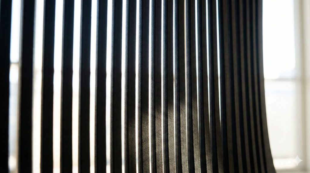 イトーキ スピーナチェアのエラストマー樹脂製背もたれのクローズアップ。縦に並んだリブの隙間から光が漏れ、通気性と柔軟な質感が伝わる。