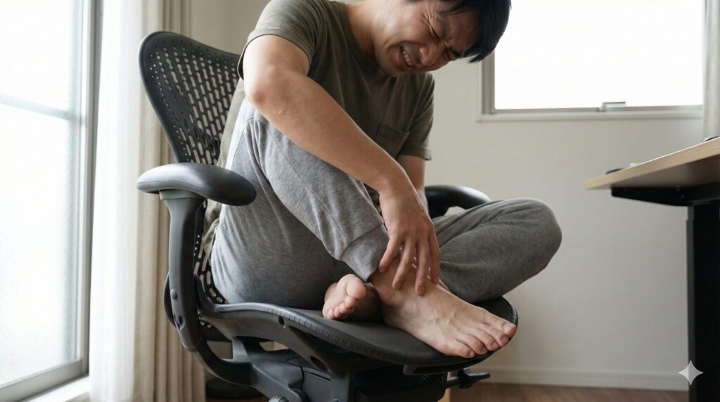 ミラ2チェアの上で無理にあぐらをかき、足首が硬い座面フレームに当たって痛みを感じている日本人男性の表情。