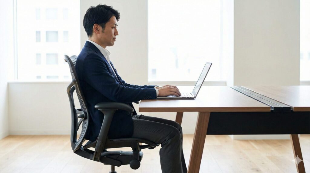 4Dアームレストを後方にスライドさせデスクとの干渉を防ぎ正しい姿勢で作業する様子