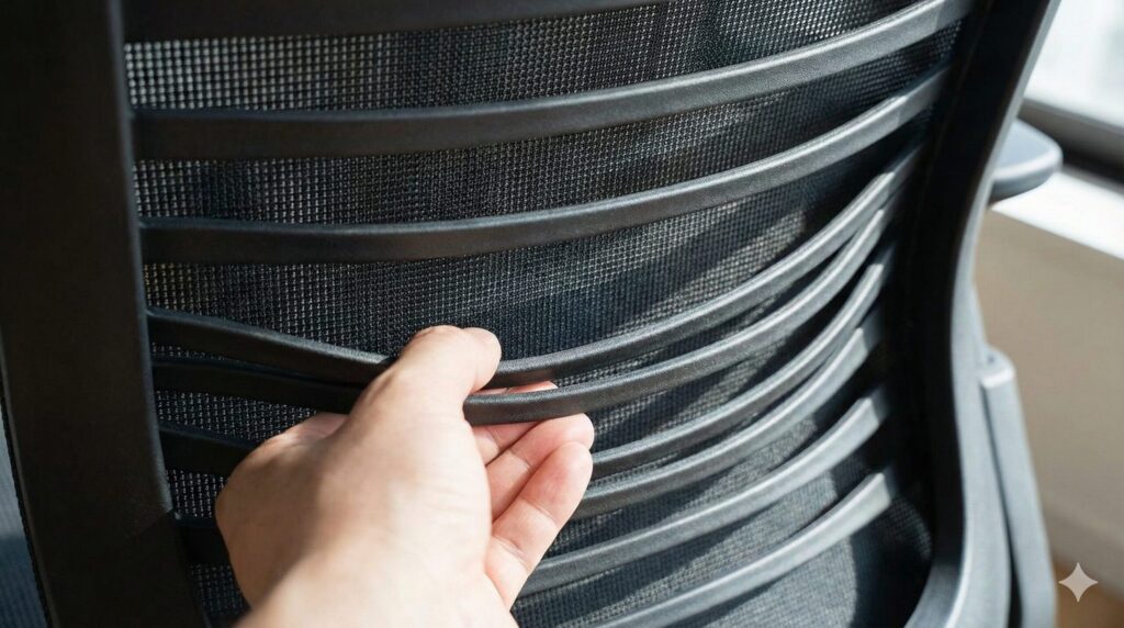 コクヨベゼルの背面にある「ウェーブモーションサポート」。複数の樹脂製リブが柔軟に曲がり、背中を面で支える構造のクローズアップ。