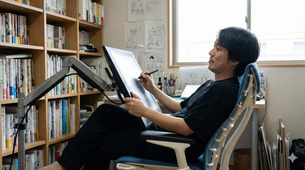 モニターアームに取り付けた大型液タブを引き寄せ、エンボディチェアに深く寄りかかった後傾姿勢でデジタル作画を行う日本人漫画家のイラスト。リラックスしながら集中して描いている様子。