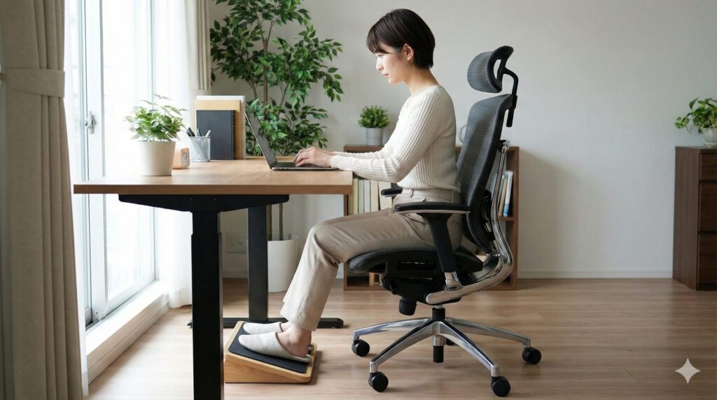 デスクでノートパソコンに向かい、集中して作業をしている日本人女性。座面が前方に傾斜する前傾チルト機能が作動しており、背筋が伸びて骨盤が立った姿勢が維持されている。足元にはフットレストがあり、足がしっかりと接地している。