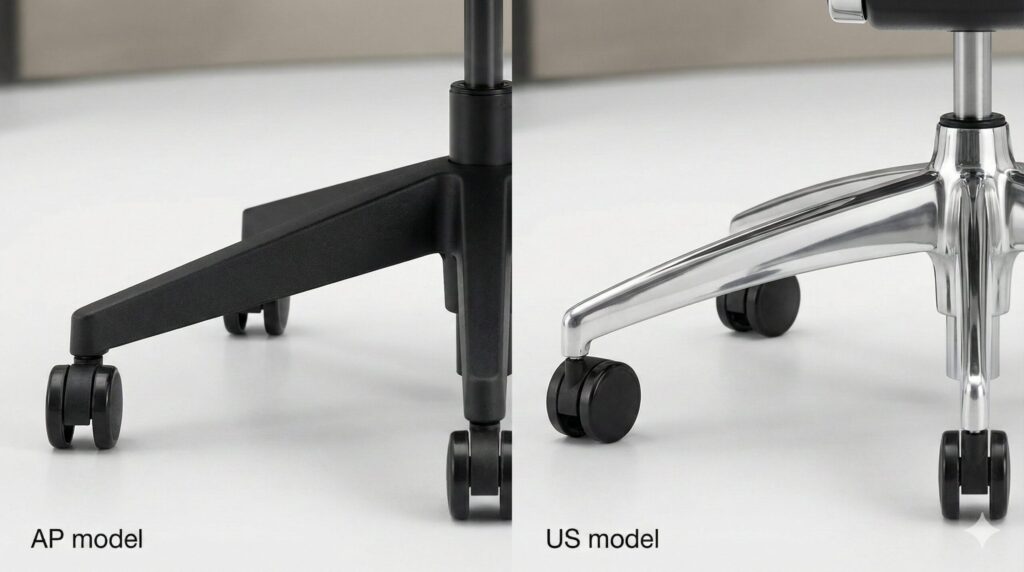 左側はAPモデルに見られるシンプルな樹脂製の黒いキャスターベース、右側はUSモデルによく見られる流麗なデザインのポリッシュドアルミニウム製キャスターベースの比較写真。デザインと素材の違いを明確に示している。